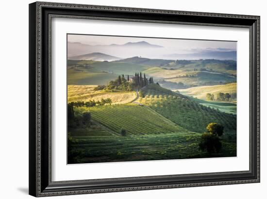 Val D'Orcia, Tuscany, Italy. a Lonely Farmhouse with Cypress and Olive Trees, Rolling Hills.-Francesco Riccardo Iacomino-Framed Photographic Print