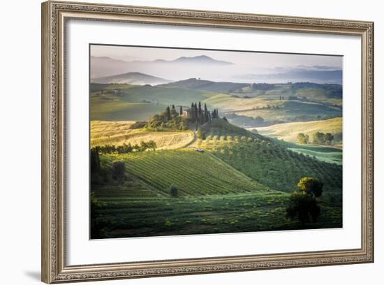 Val D'Orcia, Tuscany, Italy. a Lonely Farmhouse with Cypress and Olive Trees, Rolling Hills.-Francesco Riccardo Iacomino-Framed Photographic Print