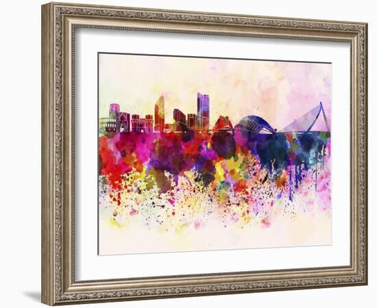 Valencia Skyline in Watercolor Background-paulrommer-Framed Art Print