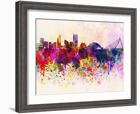 Valencia Skyline in Watercolor Background-paulrommer-Framed Art Print