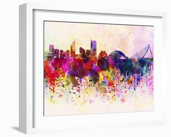 Valencia Skyline in Watercolor Background-paulrommer-Framed Art Print