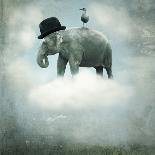 Fantasy Surrealistic Background with an Elephant with a Hat and a Gull that Flying on a Cloud in Th-Valentina Photos-Photographic Print