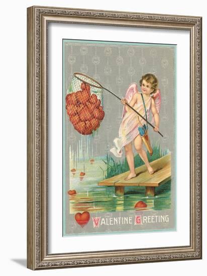 Valentine Greeting, Cupid Fishing Hearts-null-Framed Art Print