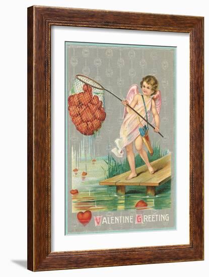 Valentine Greeting, Cupid Fishing Hearts-null-Framed Art Print