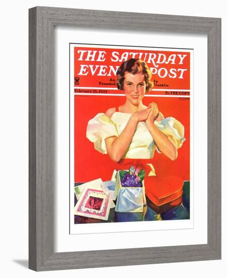 "Valentine's Gifts," Saturday Evening Post Cover, February 16, 1935-F. Sands Brunner-Framed Giclee Print