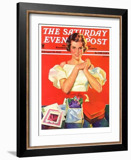 "Valentine's Gifts," Saturday Evening Post Cover, February 16, 1935-F. Sands Brunner-Framed Giclee Print