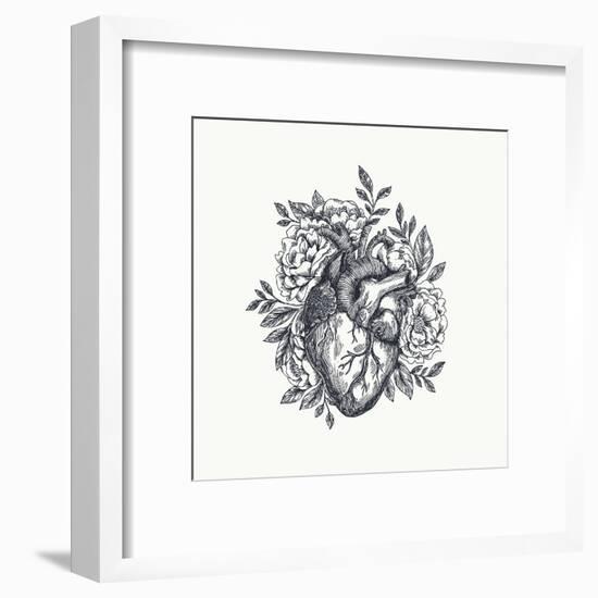 Valentines Day Card. Anatomical Heart with Flowers. Vector Illustration-adehoidar-Framed Art Print