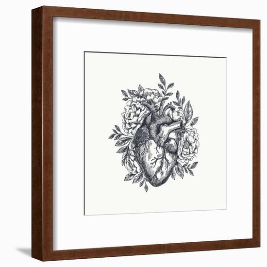 Valentines Day Card. Anatomical Heart with Flowers. Vector Illustration-adehoidar-Framed Art Print