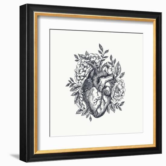 Valentines Day Card. Anatomical Heart with Flowers. Vector Illustration-adehoidar-Framed Art Print