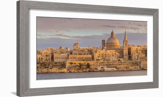 Valletta Skyline Panorama at Sunset with the Carmelite Church Dome and St. Pauls Anglican Cathedral-Neale Clark-Framed Photographic Print