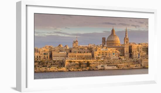 Valletta Skyline Panorama at Sunset with the Carmelite Church Dome and St. Pauls Anglican Cathedral-Neale Clark-Framed Photographic Print