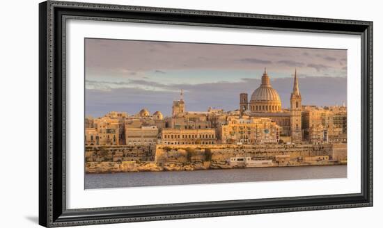 Valletta Skyline Panorama at Sunset with the Carmelite Church Dome and St. Pauls Anglican Cathedral-Neale Clark-Framed Photographic Print