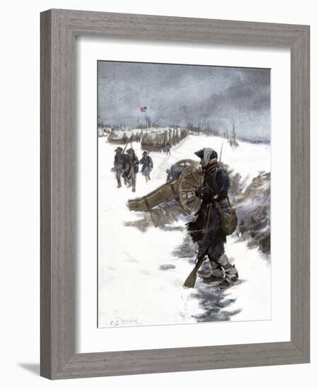 Valley Forge Soldier on Picket Duty in the Snow, Awaiting His Relief Shift, American Revolution-null-Framed Giclee Print