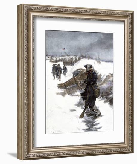 Valley Forge Soldier on Picket Duty in the Snow, Awaiting His Relief Shift, American Revolution-null-Framed Giclee Print