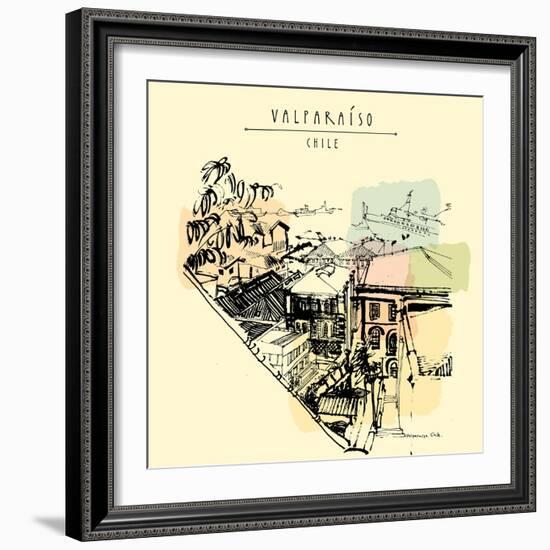 Valparaiso, Chile, South America. View of the Port from a Dangerous Favela. Vintage Hand Drawn Post-babayuka-Framed Art Print