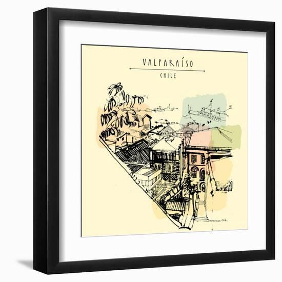 Valparaiso, Chile, South America. View of the Port from a Dangerous Favela. Vintage Hand Drawn Post-babayuka-Framed Art Print