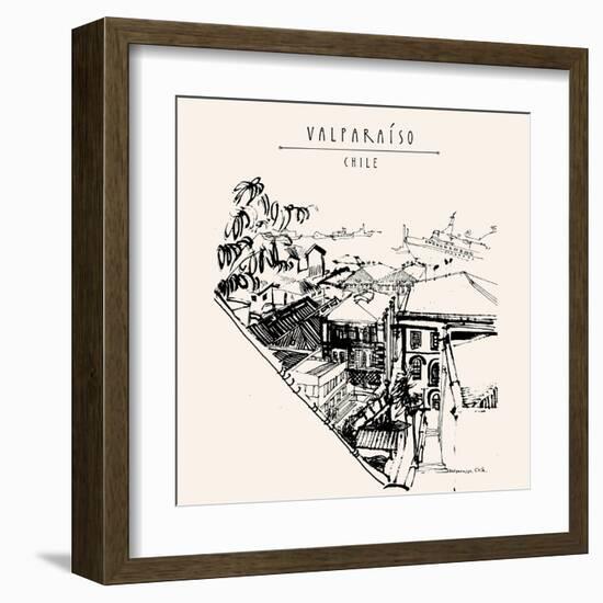 Valparaiso, Chile, South America. View of the Port from a Favela. Black and White Vintage Hand Draw-babayuka-Framed Art Print