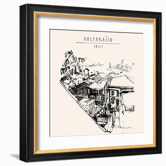 Valparaiso, Chile, South America. View of the Port from a Favela. Black and White Vintage Hand Draw-babayuka-Framed Art Print