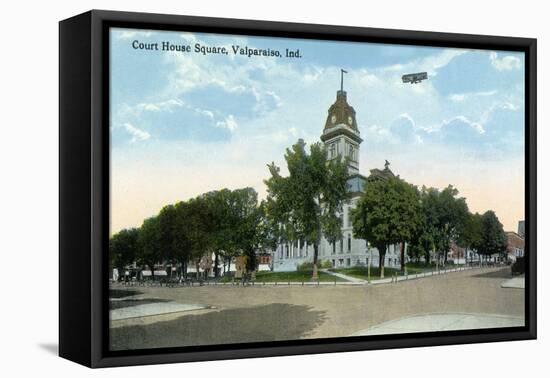 Valparaiso, Indiana - Airplane over Court House Square Building-Lantern Press-Framed Stretched Canvas