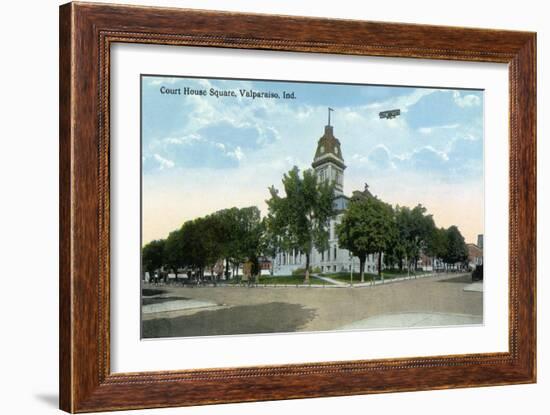 Valparaiso, Indiana - Airplane over Court House Square Building-Lantern Press-Framed Art Print