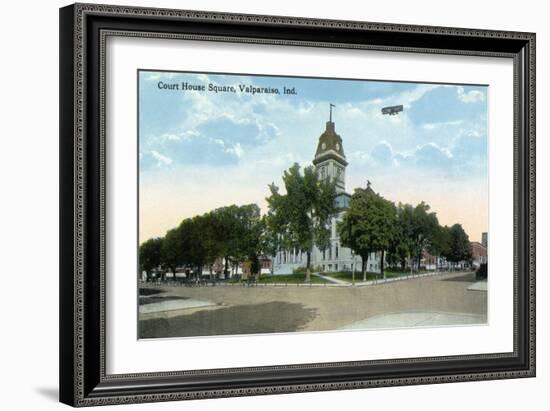 Valparaiso, Indiana - Airplane over Court House Square Building-Lantern Press-Framed Art Print