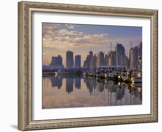 Vancouver Skyline With Boats in Harbor at Sunrise Seen From Stanley Park, British Columbia, Canada-Janis Miglavs-Framed Photographic Print