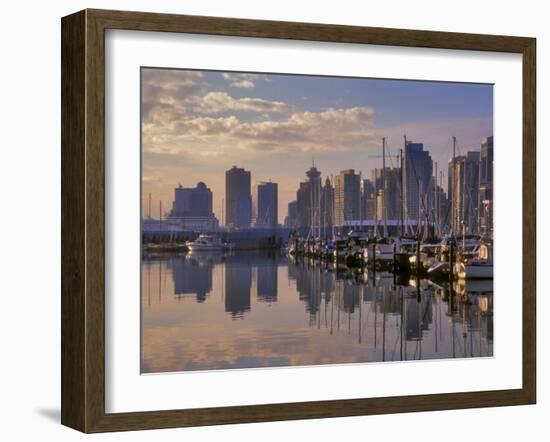 Vancouver Skyline With Boats in Harbor at Sunrise Seen From Stanley Park, British Columbia, Canada-Janis Miglavs-Framed Photographic Print