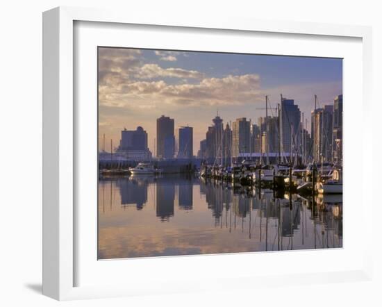 Vancouver Skyline With Boats in Harbor at Sunrise Seen From Stanley Park, British Columbia, Canada-Janis Miglavs-Framed Photographic Print