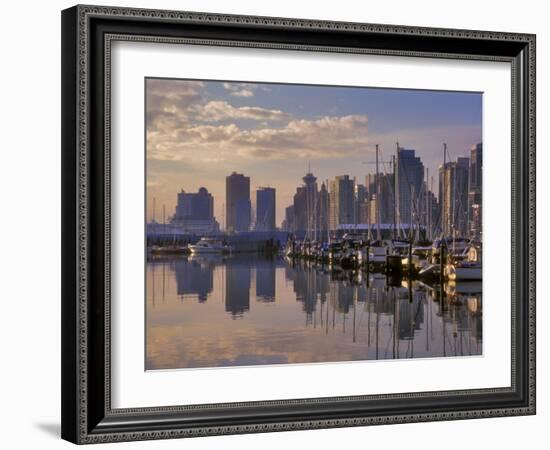 Vancouver Skyline With Boats in Harbor at Sunrise Seen From Stanley Park, British Columbia, Canada-Janis Miglavs-Framed Photographic Print