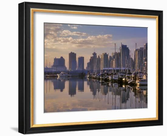 Vancouver Skyline With Boats in Harbor at Sunrise Seen From Stanley Park, British Columbia, Canada-Janis Miglavs-Framed Photographic Print