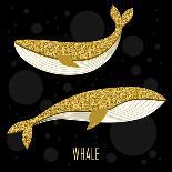 Cartoon Abstract Whale Set. Golden Glitter Texture. Nature, Sea Animal and Wildlife Theme. Vector W-vanillamilk-Framed Art Print