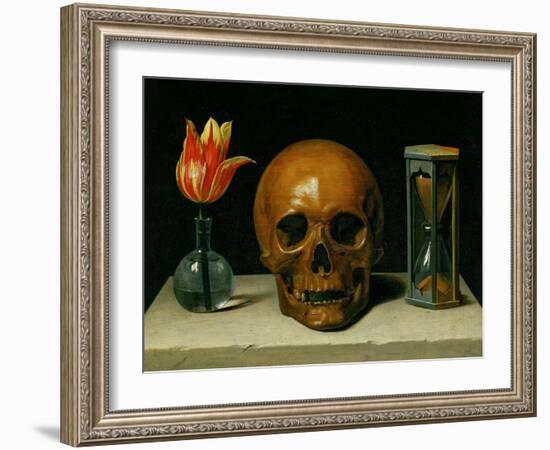 Vanitas, allegory of fleeting time with skull and hour-glass. Oil on canvas.-Philippe De Champaigne-Framed Giclee Print