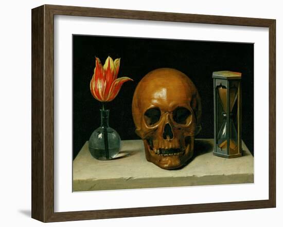 Vanitas, allegory of fleeting time with skull and hour-glass. Oil on canvas.-Philippe De Champaigne-Framed Giclee Print