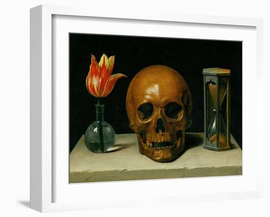 Vanitas, allegory of fleeting time with skull and hour-glass. Oil on canvas.-Philippe De Champaigne-Framed Giclee Print