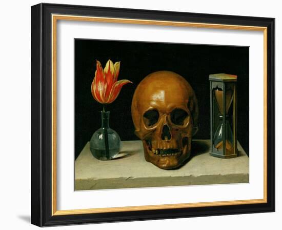 Vanitas, allegory of fleeting time with skull and hour-glass. Oil on canvas.-Philippe De Champaigne-Framed Giclee Print