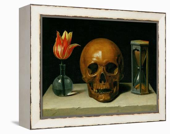 Vanitas, allegory of fleeting time with skull and hour-glass. Oil on canvas.-Philippe De Champaigne-Framed Premier Image Canvas