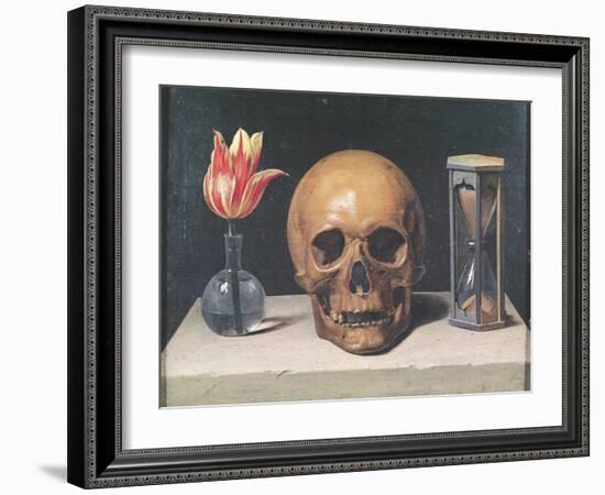 Vanitas Still Life with a Tulip, Skull and Hour-Glass-Philippe De Champaigne-Framed Giclee Print