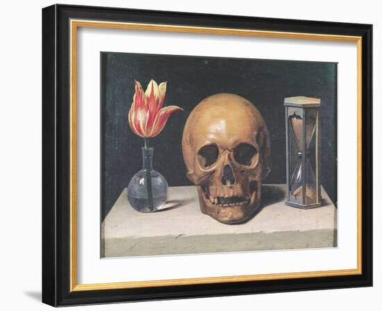 Vanitas Still Life with a Tulip, Skull and Hour-Glass-Philippe De Champaigne-Framed Giclee Print