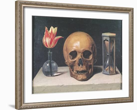 Vanitas Still Life with a Tulip, Skull and Hour-Glass-Philippe De Champaigne-Framed Giclee Print