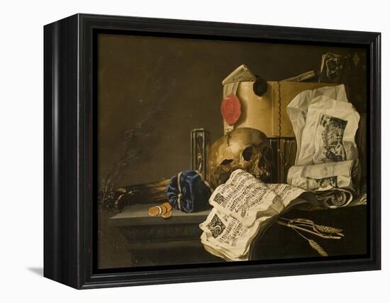 Vanitas Still Life with Skull, Papers, A Wax Seal and a Burning Log-N. L. Peschier-Framed Premier Image Canvas