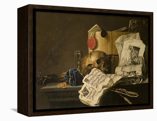 Vanitas Still Life with Skull, Papers, A Wax Seal and a Burning Log-N. L. Peschier-Framed Premier Image Canvas