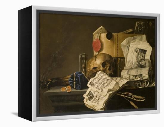 Vanitas Still Life with Skull, Papers, A Wax Seal and a Burning Log-N. L. Peschier-Framed Premier Image Canvas