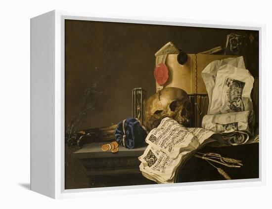 Vanitas Still Life with Skull, Papers, A Wax Seal and a Burning Log-N. L. Peschier-Framed Premier Image Canvas