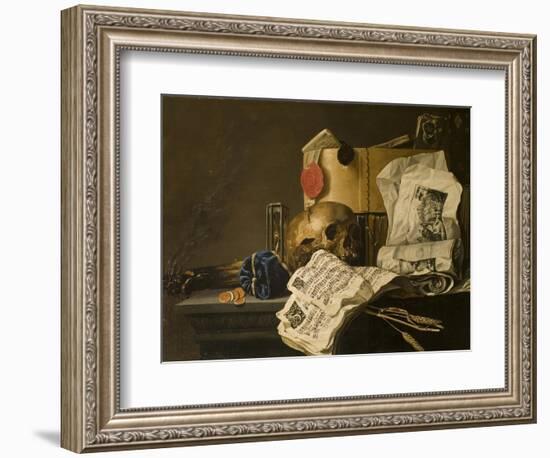 Vanitas Still Life with Skull, Papers, A Wax Seal and a Burning Log-N. L. Peschier-Framed Giclee Print