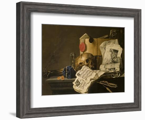 Vanitas Still Life with Skull, Papers, A Wax Seal and a Burning Log-N. L. Peschier-Framed Giclee Print
