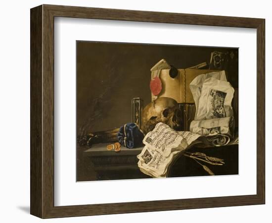 Vanitas Still Life with Skull, Papers, A Wax Seal and a Burning Log-N. L. Peschier-Framed Giclee Print
