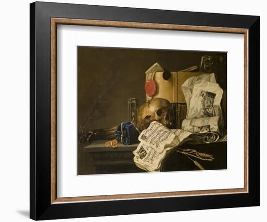 Vanitas Still Life with Skull, Papers, A Wax Seal and a Burning Log-N. L. Peschier-Framed Giclee Print