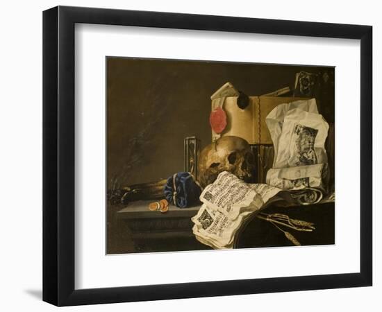 Vanitas Still Life with Skull, Papers, A Wax Seal and a Burning Log-N. L. Peschier-Framed Giclee Print