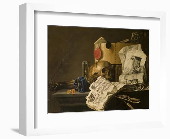 Vanitas Still Life with Skull, Papers, A Wax Seal and a Burning Log-N. L. Peschier-Framed Giclee Print