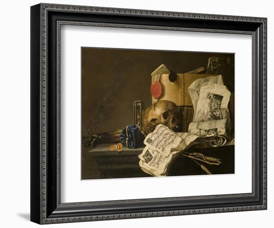 Vanitas Still Life with Skull, Papers, A Wax Seal and a Burning Log-N. L. Peschier-Framed Giclee Print